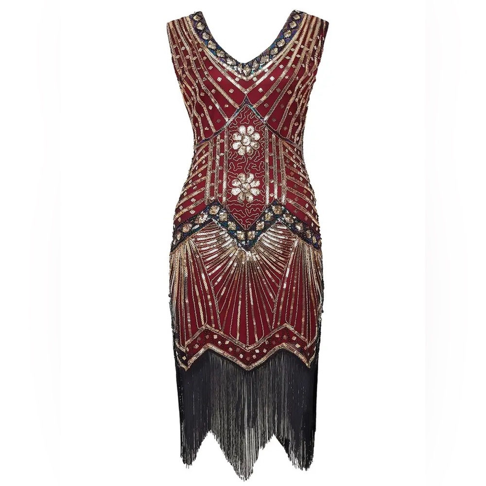 Glamorous Burgundy and Gold Embellished Midi Dress